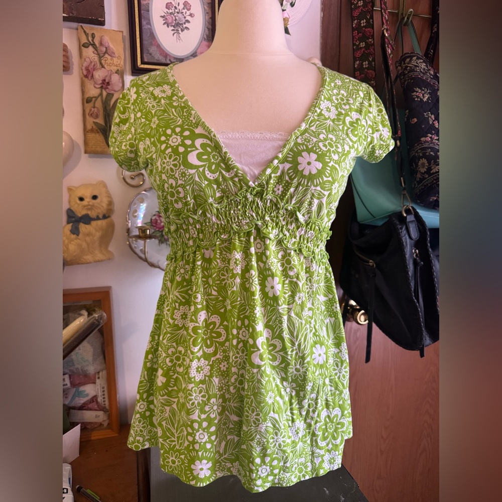 Cato Green and White Floral Short Sleeve Empire Waist Top